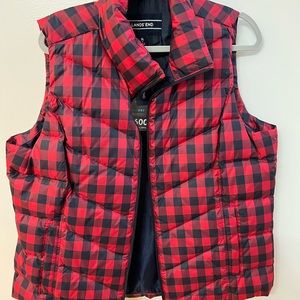 Lands’ End Red and Navy Gingham Puffer Vest, Size XL